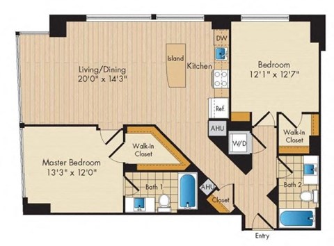 Floor plan for 2 beds, 2 baths, 1163 sqft